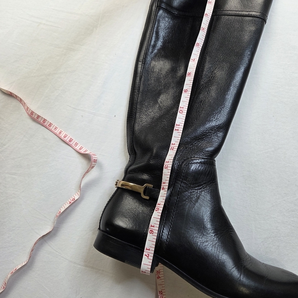 Tory Burch Black Leather Riding Boots 7.5M Gold Logo Hardware Equestrian Tall - Picture 9 of 15